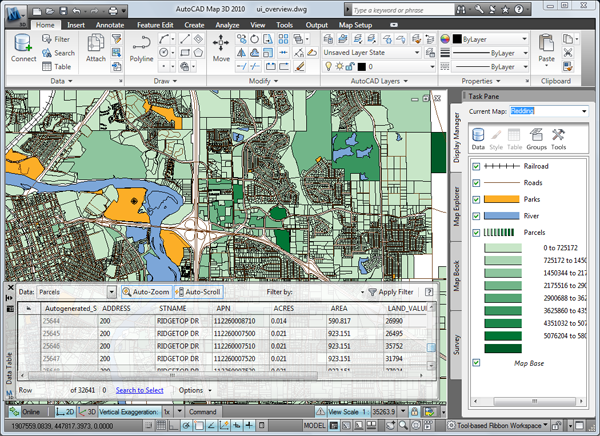 An image of a map illustrating the interface of Autocad Map 3d software